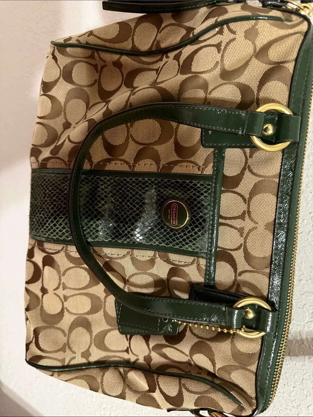 Coach Signature Crossbody with Green Leather Trim
